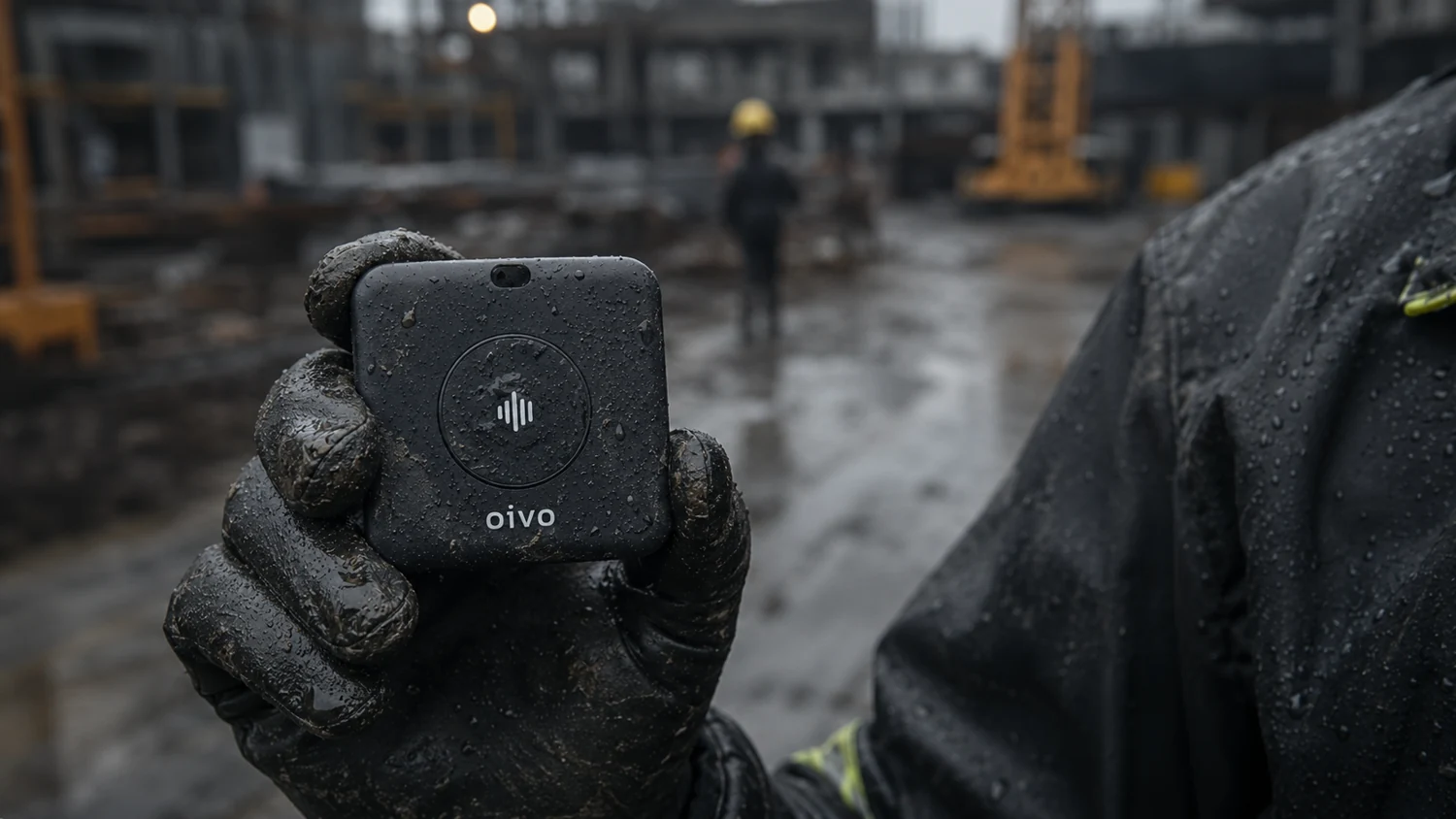 Oivo holdes i en tilsmusset hanske på en byggeplass.